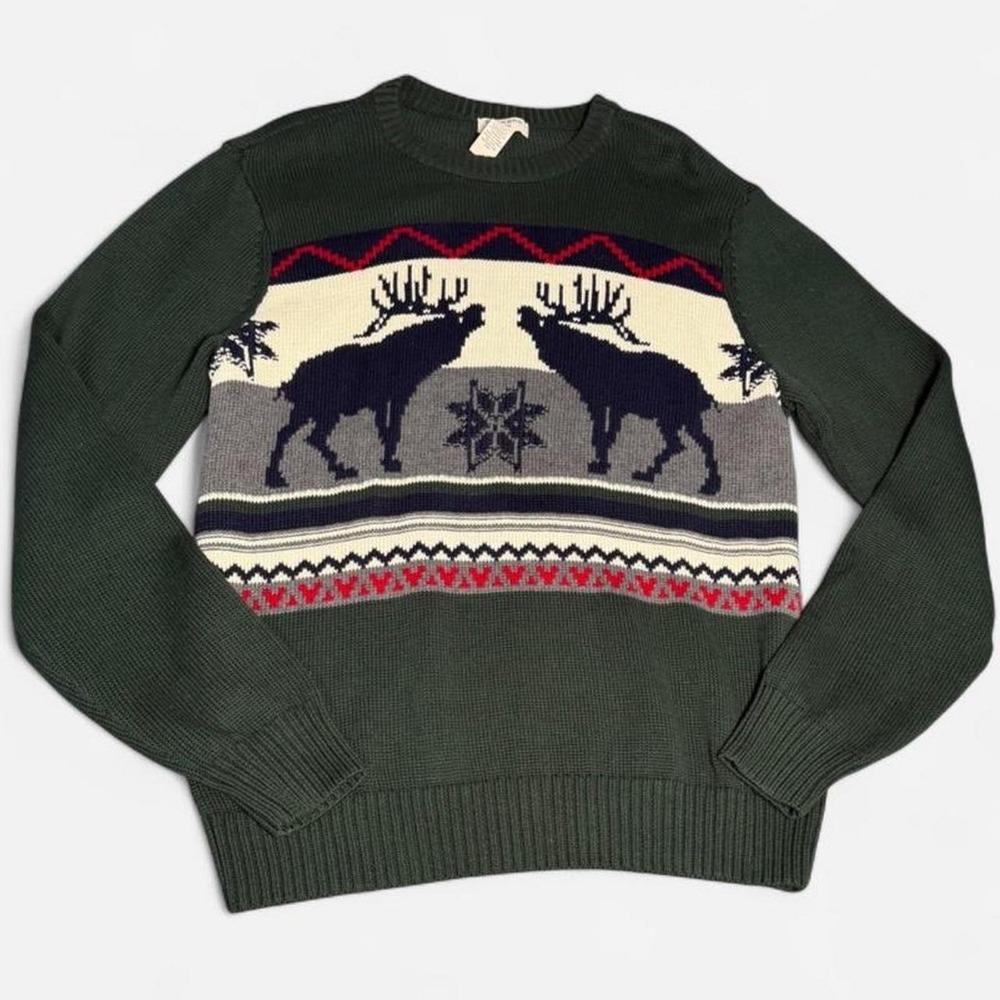 Dockers Fair Isle Moose Sweater Mens Large Green Intarsia Knit Wildlife